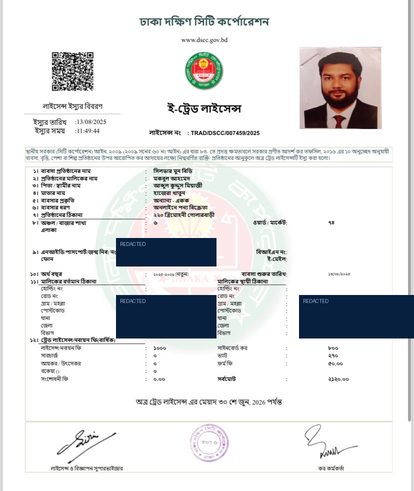 e-Trade Licence issued by Dhaka South City Corporation, licence number TRAD/DSCC/007459/2025